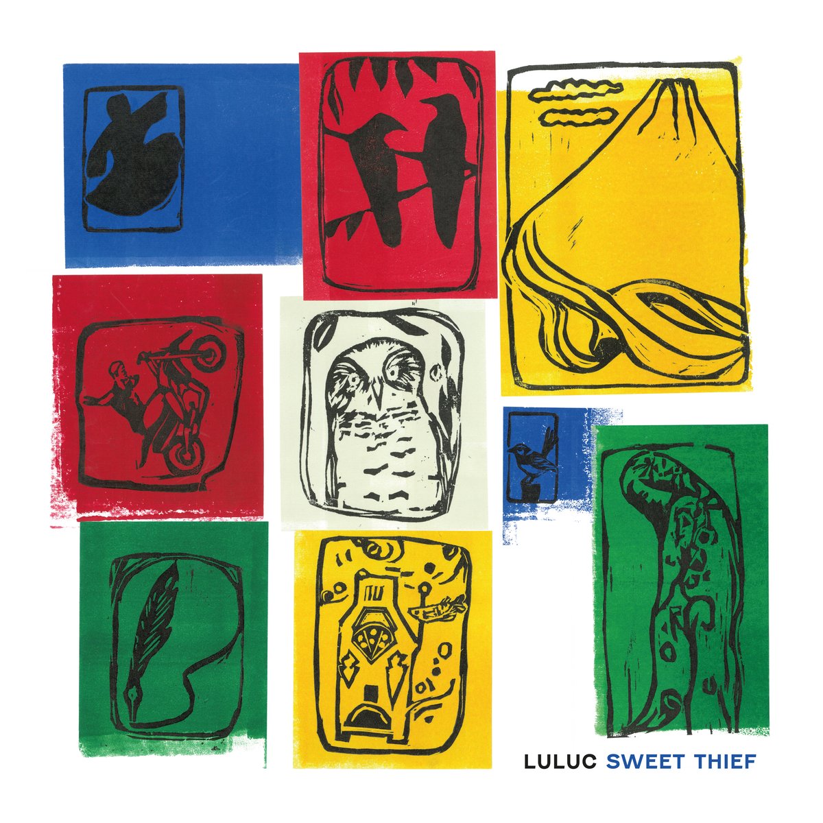 Sweet Thief album cover — linocut prints of birds, a volcano, an owl and a motorcycle in red, blue, yellow and green